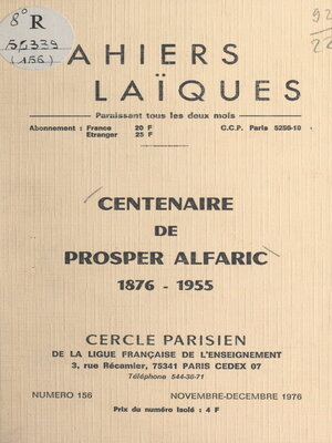 cover image of Centenaire de Prosper Alfaric, 1876-1955